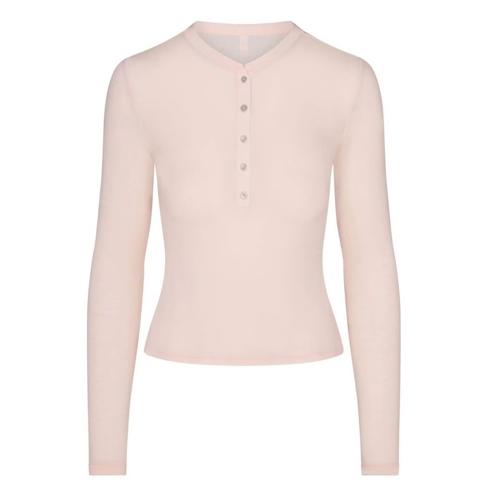 SKIMS Sheer Modal Crewneck Henley Primrose Pink Long Sleeve Top TP-LSL-11869W S